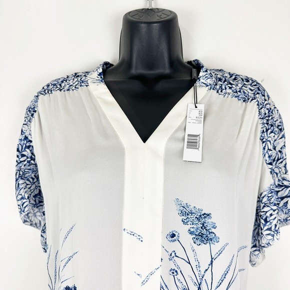 Elie Tahari Tiffany Silk Floral-Print Pearl Indigo V-Neck Short-Sleeve Blouse - Picture 3 of 15
